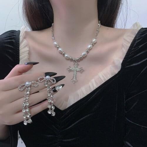 MWSONYA Fashion Korean Pearl Rhinestone Cross Pendant Necklace for Women Crystal Bowknot Earrings Holiday Party Jewelry Gift