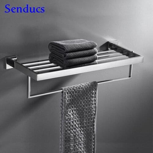 Senducs Chrome Bathroom Towel Shelf Wall Mounted 304 Stainless Steel Bath Towel Racks Square Hardware Set Chrome Towel Holder