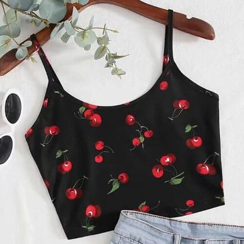 2021New Cool Summer Sexy Solid Sling Corset Top Ladies Casual Cherry Print Sleeveless Leakage Navel Pullover Vest Tank Crop Tops