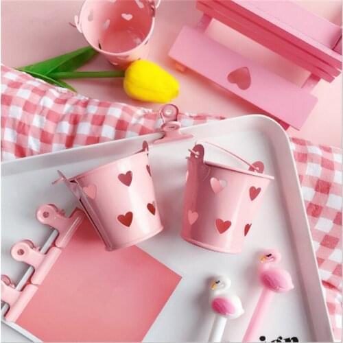 1pcs Pink Hollow Out Heart Shaped Iron Bucket Desktop Mini Pen Holder Stationery Storage Box Flowerpot Decor Cosmetic Organizer