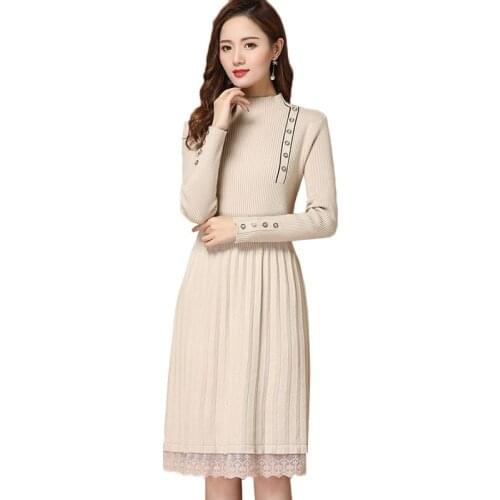 Autumn Winter Women Dress New Fashion Lace Knitted Sweater Dress Slim Large Size Long-sleeved Pull Half Turtleneck Sweater Dress