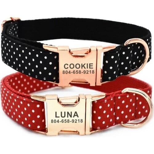 Personalized Pet Collar White Dot Puppy Cat ID Tag Adjustable Custom Name Rose Gold Buckle Red Black Basic Dog Collars Leash Set