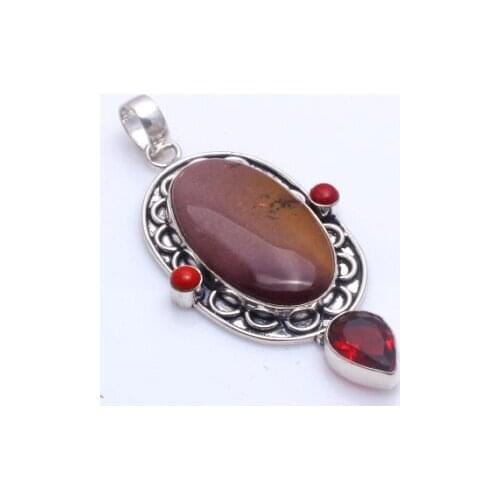 Genuine Mookaite Jasper + Garnet Pendant Silver Overlay over Copper , 78 mm, P10811
