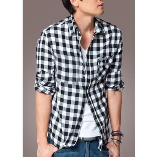 Men Shirts Casual Slim Plaid Print Button Spring Long Sleeve Turn Down Collar Shirt Top Male Clothing Mens Clothing Fashion