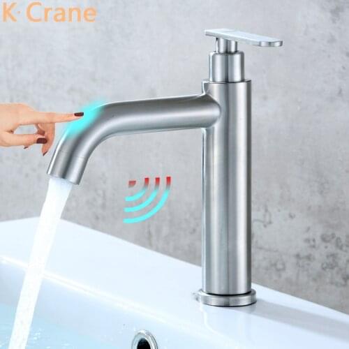 Touch Activated Faucet Bathroom Smart Sensor Tap Brush Nickel Stainless Steel Basin Torneira Single Cold Automatic Washbasin Tap