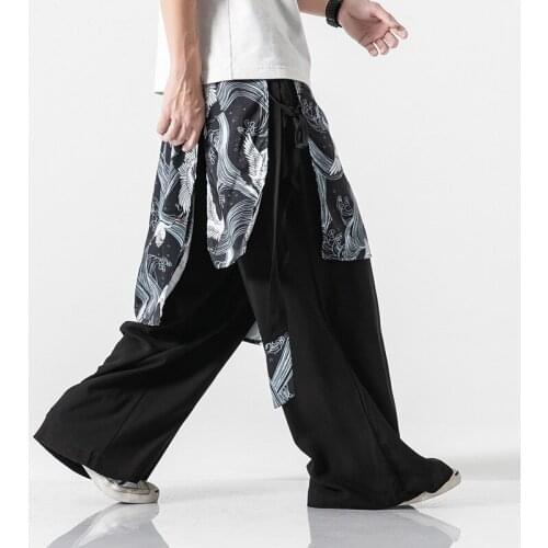4Colors Japanese Traditional Pants Men Trousers Kimono Crane Print Loose Harajuku Streetwear Splicing Hanfu Bottom Fashion 2021