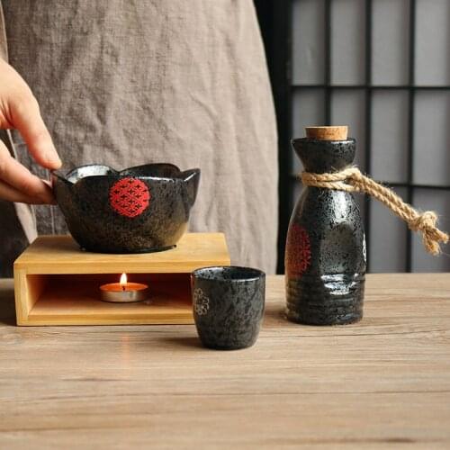 Janpanese Sake Pot Set Black Red Glazed Handpainted Ceramics Pottery Hip Alcohol Flask Wine Cup Set Matara Bridesmaid Gift EE5