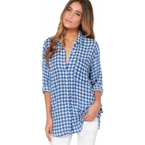 YYFS 2019 New Casual Cotton Plaid Women long sleeve turn-down collar Loose long ladies casual t-shirt camisa feminin Plus Size