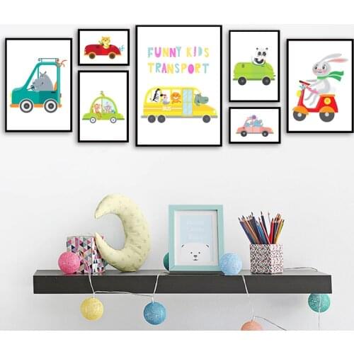 Funny Kids Transport Car Lion Zebra Fox Rabbit Nursery Wall Art Print Canvas Painting Nordic Poster Wall Picture Baby Room Decor