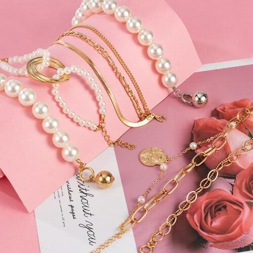 LOVR Fashion Metal Alloy Rolo Chain Bracelet Pearl Coins Metal Charm Bracelets For Women 2021 Trendy Religious Party Jewelry
