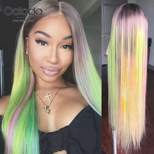 COLODO Remy Brazilian Green Yellow Rainbow Lace Front Human Hair Wig With Dark Roots Pre Plucked Highlight Lace Wigs for Women