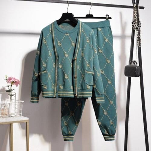 High Quality Autumn Women Long Sleeve Knit Set Cardigan Coat +Short Sleeve Sweaters +Long Pants Casual Knitted Three Piece Suit