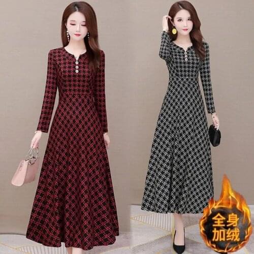 Elegant Plaid Long Dress Women 2021 Fall Vintage Slim High Waist Maxi Dress Plus Size 5Xl Winter Thick Moms Fashion a-Line Dress