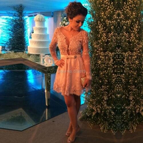 YNQNFS CD30 Robe Cocktail Sexy V Neck Long Sleeve Lace Party Mother Gown Vestido de Festa Short 2019