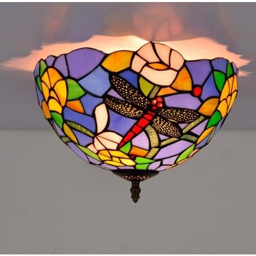 30cm European Countryside Dragonfly Tiffany Colored Glass Hallway Corridor Bathroom Glass Ceiling Lamp