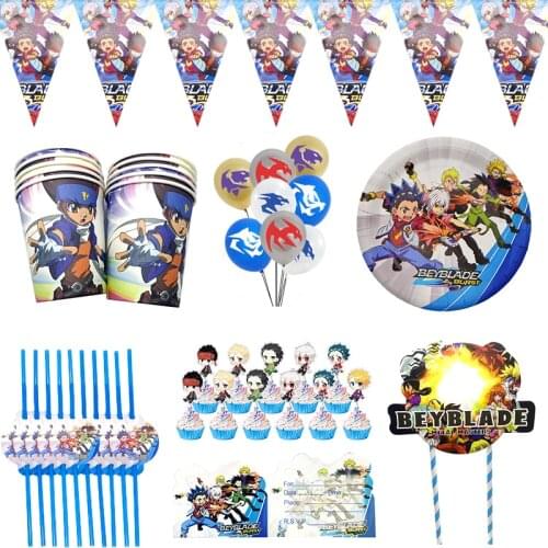 Hot Beyblade Theme Birthday Party Decoration Supplies Paper Cup Plate Cake Toppers Banner Straw Baby Shower Balloons Kids Favors