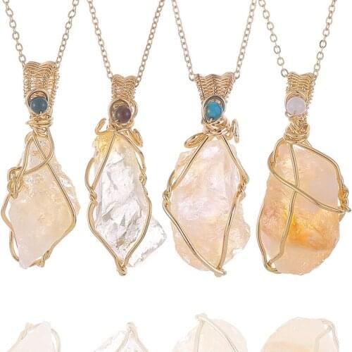 Full Wire Wrapped Natural Stone Pendant Necklace Reiki Healing Chakra Crystal Jewelry Random