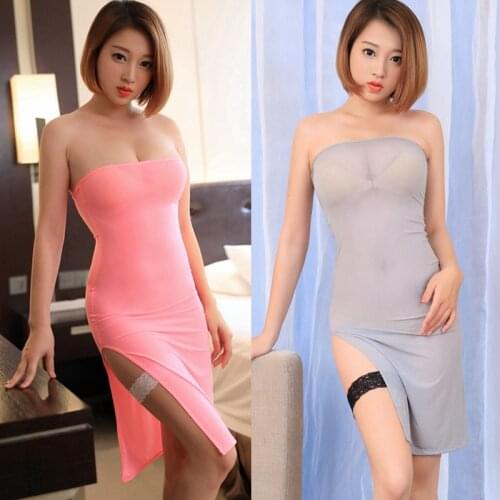 Erotic Dress Transparent Strapless Tube Top Dress Ultra Thin Ice Silk High Side Split Nightclub Dress Not Including Neck Ring