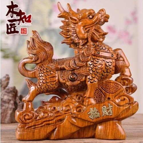 Chrysanthemum pear Carved wooden kirin placed pieces large kirin lucky home kirin office living room home