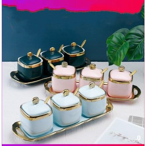 Ceramic seasoning jar set kitchen household salt jar Japanese seasoning box seasoning box 3-piece set