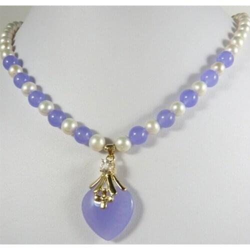 Pretty 7-8mm mixed white pearl & purple jade bead + heart jade pendant necklace
