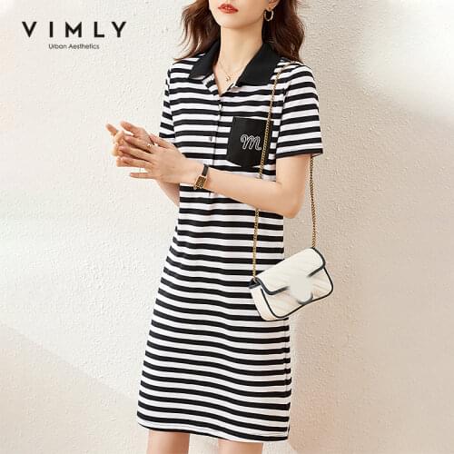 VIMLY Summer Dresses For Women Elegant Printed Striped Mini Dress Office Lady Vintage POLO Collar Dress Female Vestidos F7155