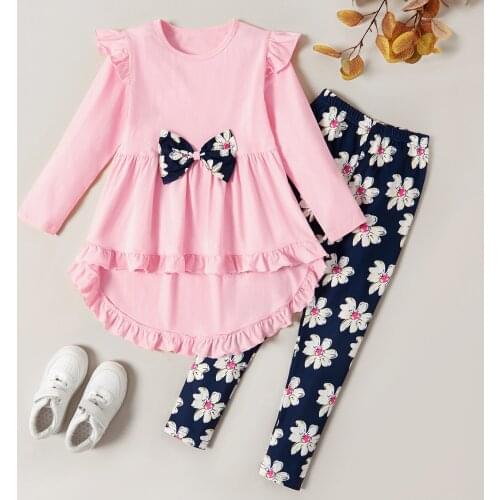PatPat Trendy Bowknot Ruffled Longsleeves Tee and Flower Allover Print Pants