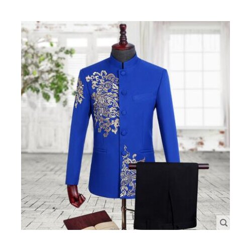 Mens Chinese tunic suit set with pants mens wedding suits costume singer star style dance stage clothing stand collar black