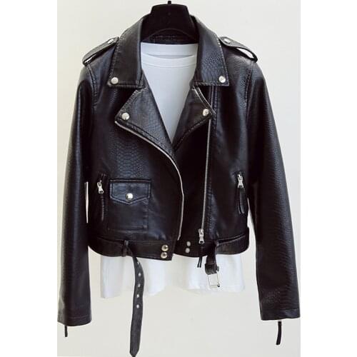 FMFSSOM 2021 Women Spring Autumn New Slim Short Snake Print Vintage Faux Leather Jackets ladys Zipper Belt Motorcycle Overcoat