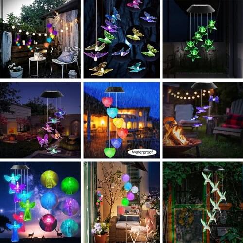 New LED Solar Wind Chime Crystal Ball Hummingbird Wind Chime Light Color Changing Waterproof Hanging Solar Light For Home Garden