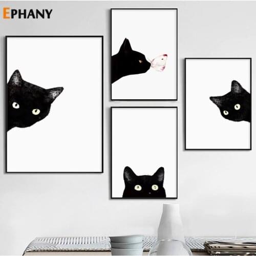 Black White Peekaboo Cat Wall Art Canvas Posters and Prints Minimalist Animal Painting Picture for Living Room Modern Home Decor