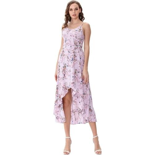 Floral printed summer women dress sexy V-neck strap asymmetric ruffle bottom midi beach dress M30561