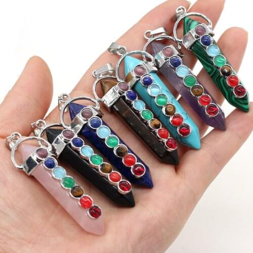 Natural Stone Pendulum 7 Chakra Reiki Healing Crystal Pendant Hexagon Point Charms DIY Necklace Jewelry Making Accessories