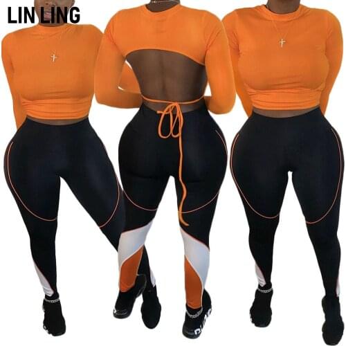 LINLING Round Neck Back Cut Out Strap Short Open Waist Orange Top with Skinny Elastic Pencil Pants Sexy Hot Outfits