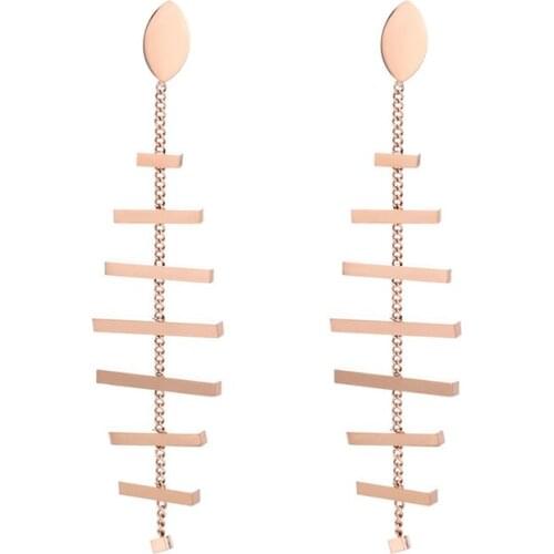 Unique Lucky Fishbone Long Drop Earrings Titanium Steel Rose Gold Color Stud Earring Fashion Jewelry Making For Girl Gift