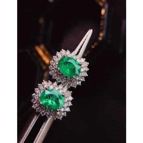 100% Natural 1.15ct Zambian Emerald Diamond Stud Earring Push Back Solid 14k White Gold for Women