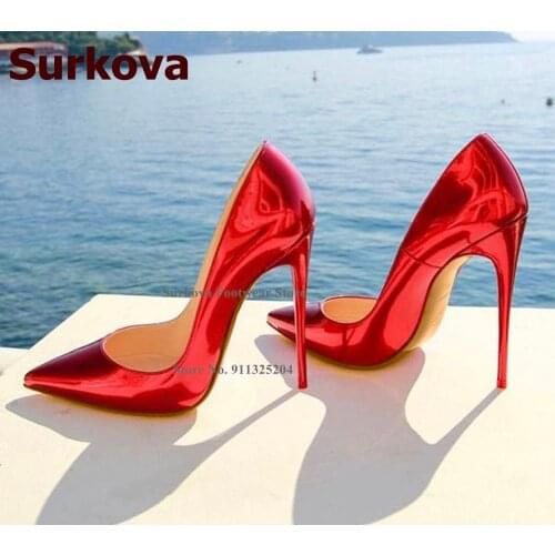 Surkova 12cm High Heel Fluorescent Purple Red Dress Shoes Metallic Glossy Patent Leather Shallow Pumps Pointed Toe Size45 Heels