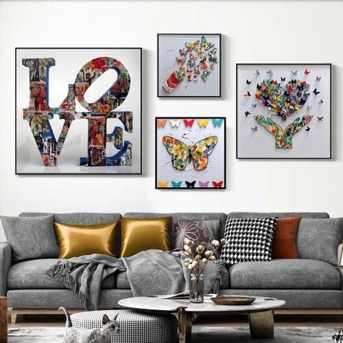 Street Graffiti Art Letter Love Buutterfly Canvas Poster and Prints Colorful Animal Oil Painting Wall Picture for Living Room