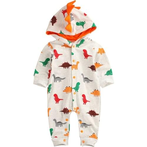 Citgeett Spring Infants Baby Boys Girls Dinosaur Romper Autumn Winter Hooded Cartoon Button Clothes