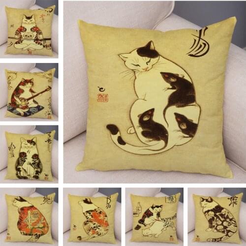 Vintage Japanese Samurai Cat Tattoo Cushion Cover Decor Retro Animal Pillowcase for Sofa Home Car Soft Plush Pillow case 45x45cm