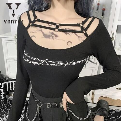 Y2k Top Summer Women Shirt Streetwear Fashion Dark Long-sleeved Bottom Top Female New Strap Stitching Print T-shirt for Girl