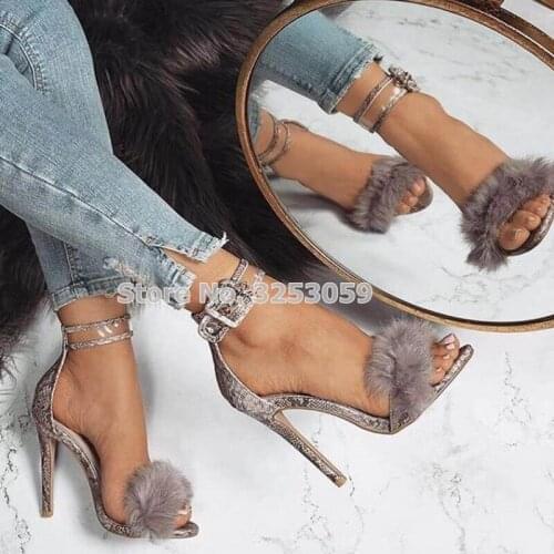 ALMUDENA Women Sexy Grey Snakinskin Buckle Strap Fur Sandals Stiletto Heels Nightclub Sky High Pumps Gladiator Shoes