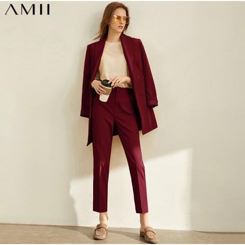 Amii Minimalism Spring Summer Causal Womens Suit Coat Solid Lapel Double Breasted Coat Straight Ankellength Suit Pants 12120103