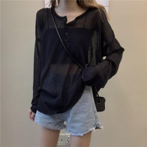 Women Knitted Top Long Sleeve Pullover Korean Woman Sweaters Loose Thin Sunscreen Shirt Tops See-through Spring Summer 2020