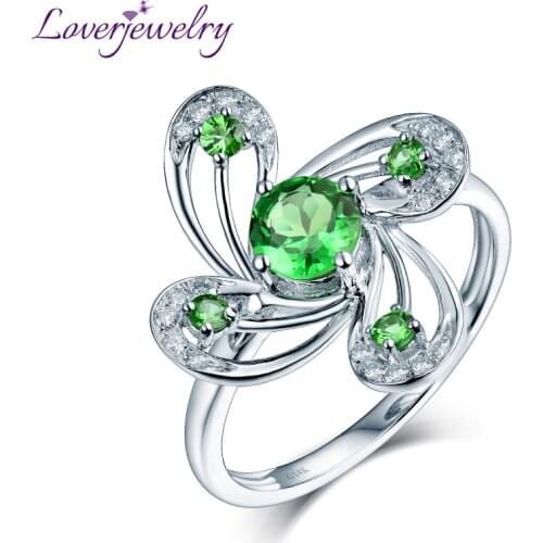 LOVERJEWELRY Women Cyclone Round Tsavorite Ring Flower Shape Real 14K White Gold Fine Jewelry For Girl Lover Anniversary Gift