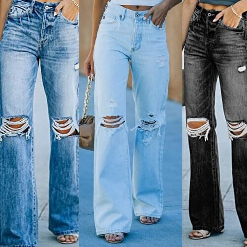 2021New Fashion High Waisted Hole Straight Casual Washed Jeans Streetwear Ripped Jeans