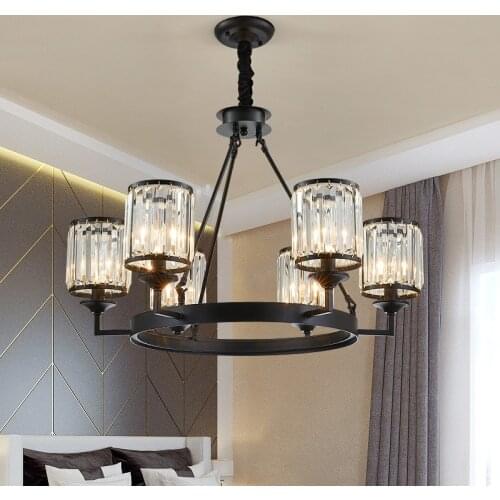 American Retro Matte Black E14 Round Led Chandelier Luxury Lustre K9 Crystal Pendant Chandelier Lighting Liivng Room Led Lamp