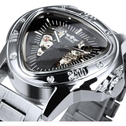 WINNER Triangle Silver Automatic Mechanical Watches Mens Luminous Hands Skeleton Watch Stainless Steel Strap relogio masculino