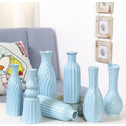 Nordic Style Decorative Long Shape Blue Stripe Ceramic Home Decor Vases Simple Blue Pottery