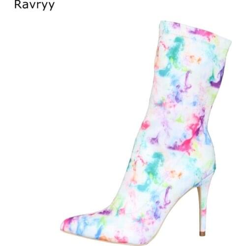 Elastic womans short boots colorful painting pointed toe thin heel women booties autumn fashion model party club female shoe